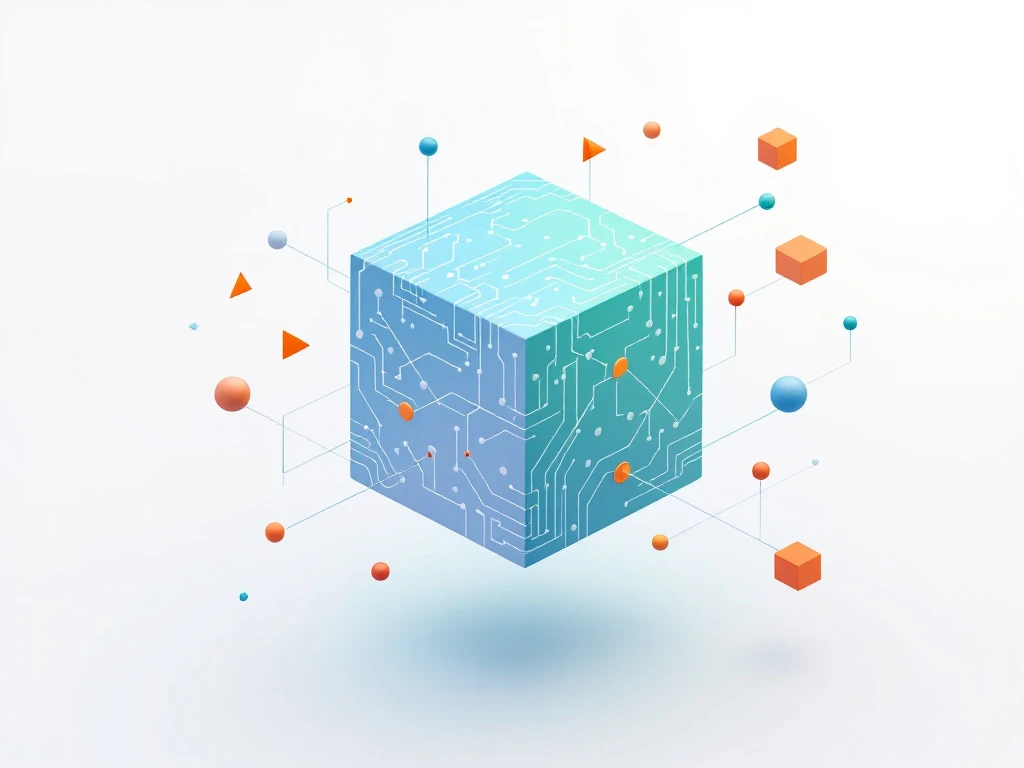 3D kubus met digitale leercircuits omringd door geometrische vormen op witte achtergrond, educatieve technologie