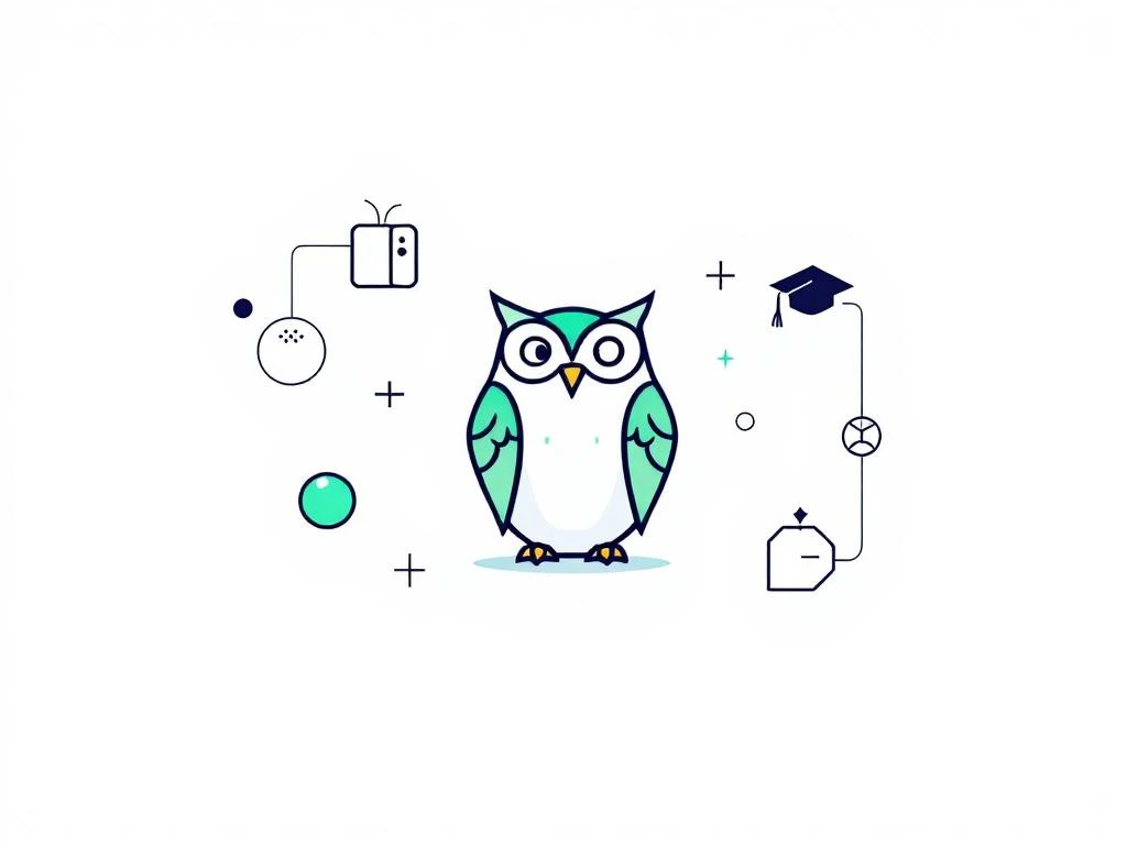 Duolingo uil silhouet met game controller elementen en onderwijssymbolen in groen-blauwe minimalistische compositie