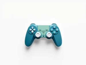 Geometrische game controller en puzzelstukjes in blauw en groen, symmetrisch gerangschikt voor educatieve gaming