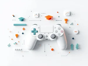 Minimalistische compositie met gamecontroller-elementen, onderwijssymbolen en meetpictogrammen in wit met teal accenten
