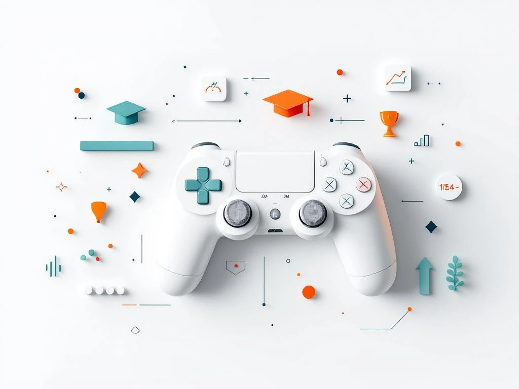 Minimalistische compositie met gamecontroller-elementen, onderwijssymbolen en meetpictogrammen in wit met teal accenten