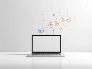 Laptop met zwevende gamecontroller-iconen in blauw en oranje wireframe-stijl, educatieve blokken transformeren tot game-elementen