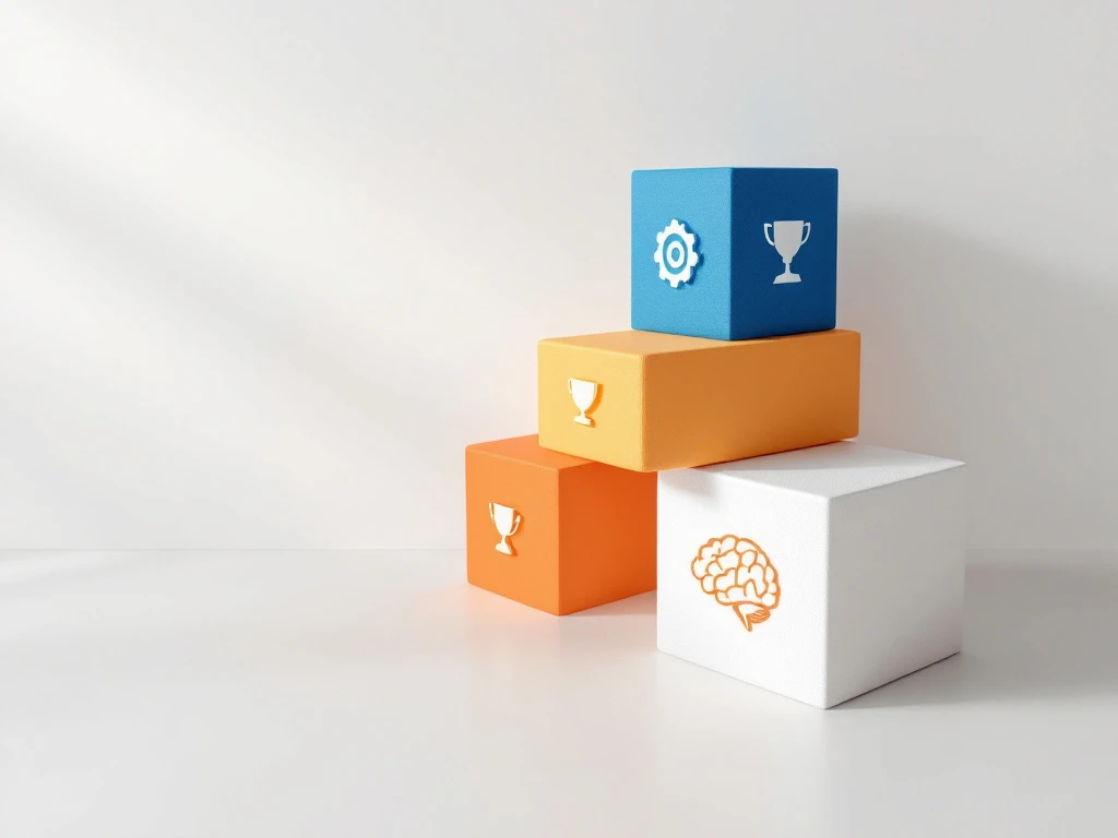 Geometrische blokken in oplopende trap met game-iconen: tandwiel, doel, trofee en hersenen in blauw, oranje en wit