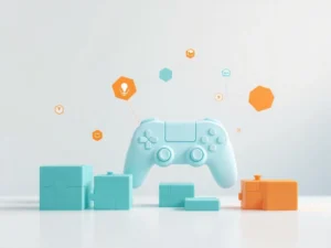 Minimalistische educatieve technologie illustratie met geometrische gamecontroller en klaslokaal elementen in teal en oranje