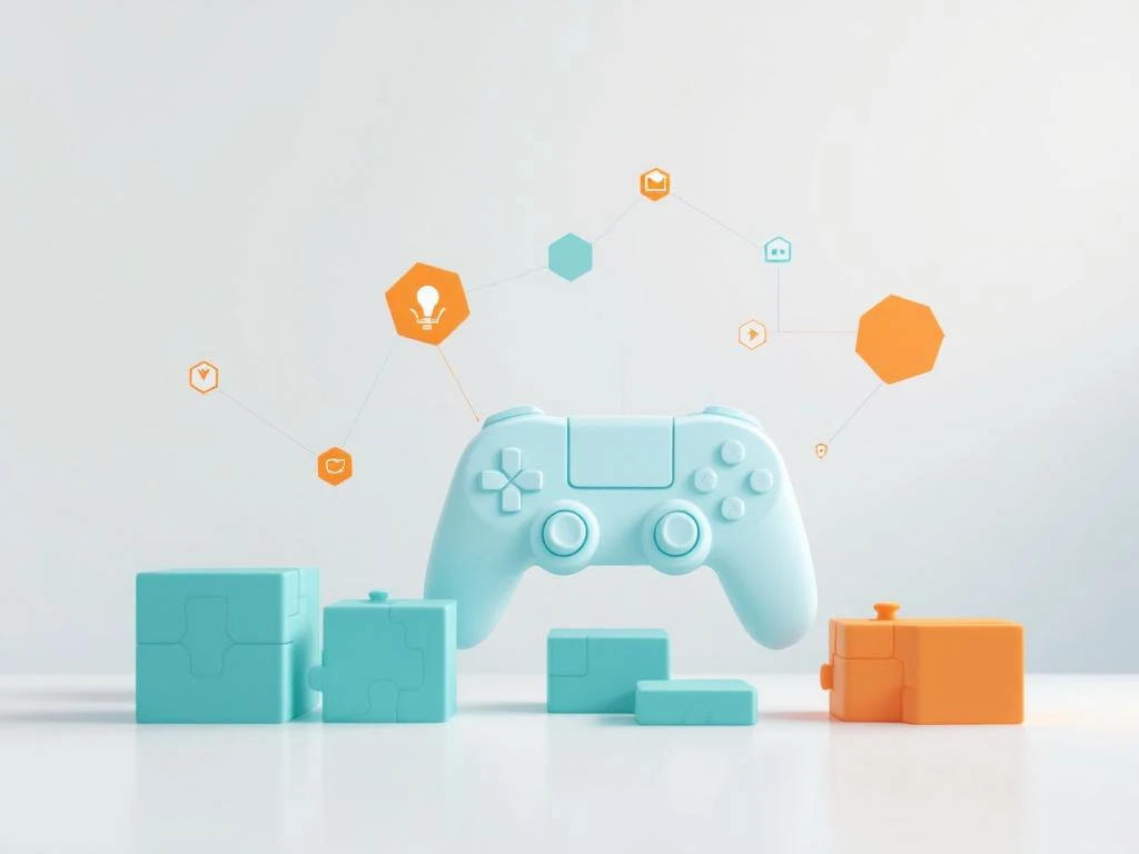 Minimalistische educatieve technologie illustratie met geometrische gamecontroller en klaslokaal elementen in teal en oranje