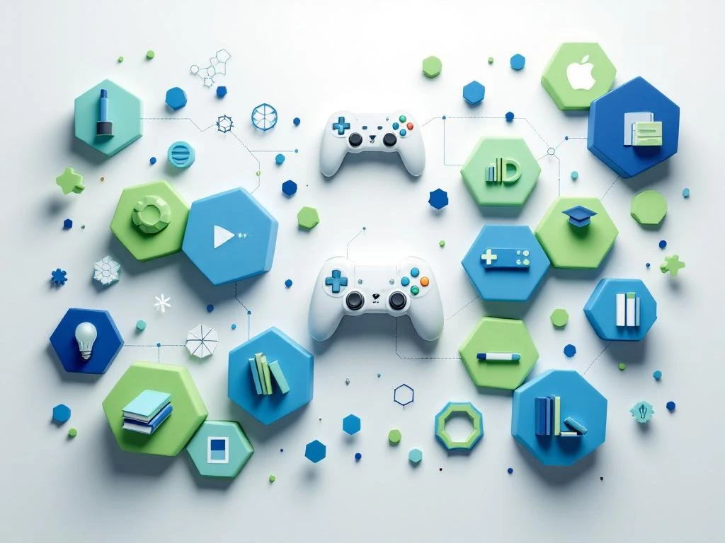 Geometrische puzzelstukjes en hexagonale gamecontrollers verbonden met academische iconen in blauw-groene tinten op wit.