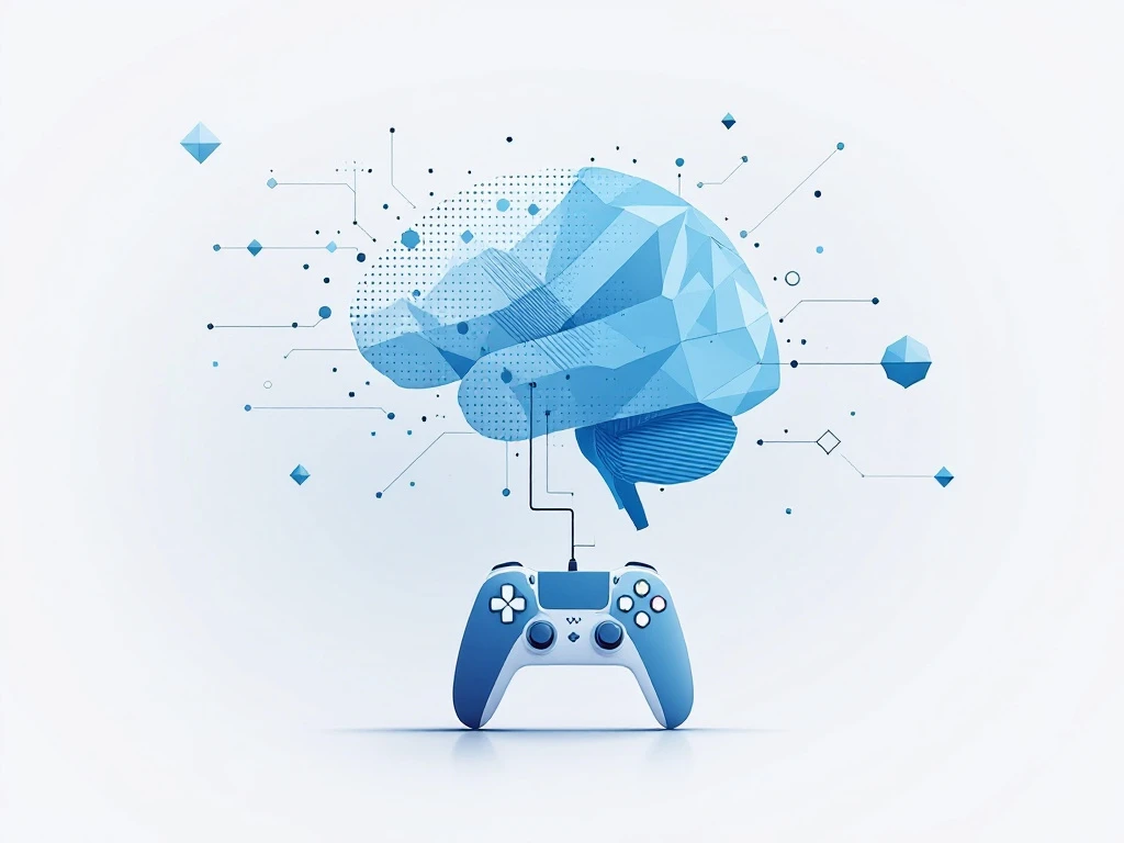 Geometrische hersenvorm in blauw met spelcontroller en zwevende vormen op grijze achtergrond, concept onderwijs-gaming