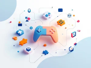 Geometrische game controller iconen en educatieve symbolen verbonden door lijnen op witte achtergrond in blauw en oranje