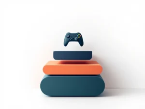 Geometrische platformpictogrammen in oplopende stappen met spelcontroller-icoon, educatieve technologie design