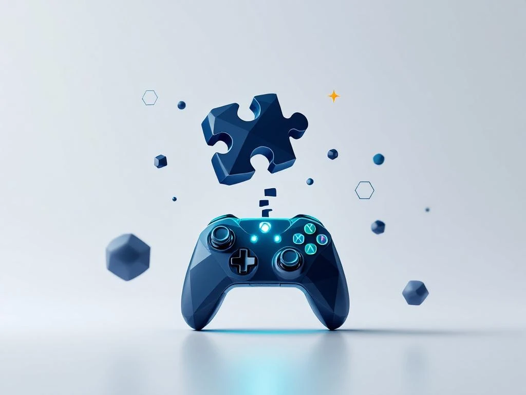Marineblauw puzzelstuk transformeert naar gloeiende teal gamecontroller met zwevende geometrische vormen op witte achtergrond