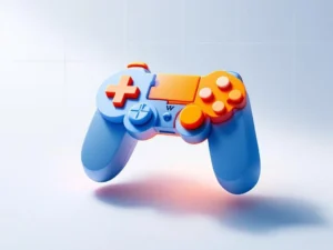 Geometrische puzzelstukken in blauw en oranje vormen gamecontroller met onderwijssymbolen op witte achtergrond