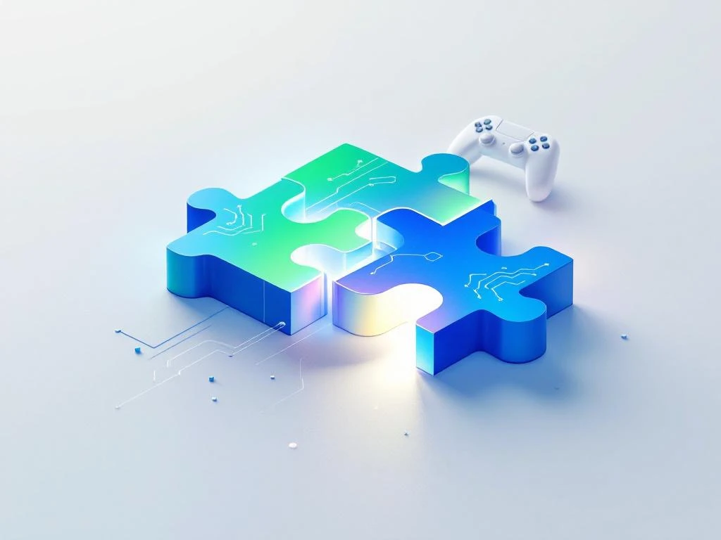 3D puzzelstukken in blauw-groene tinten met gloeiend stuk dat op zijn plaats valt, digitale circuits en game controller