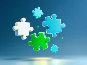 Zwevende 3D puzzelstukjes in blauw en groen die verbinden, symboliserend educatieve gaming technologie