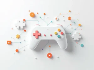 Minimalistische compositie met geometrische game controller-elementen en onderwijssymbolen in wit met teal en oranje accenten