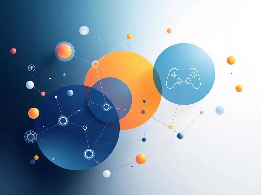 Geometrische netwerk van verbonden cirkels in blauw-oranje verloop met game- en onderwijssymbolen op witte achtergrond