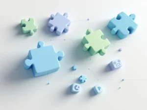 Geometrische puzzelstukken transformeren tot 3D game controllers en educatieve iconen, verbonden in blauw-groen netwerk