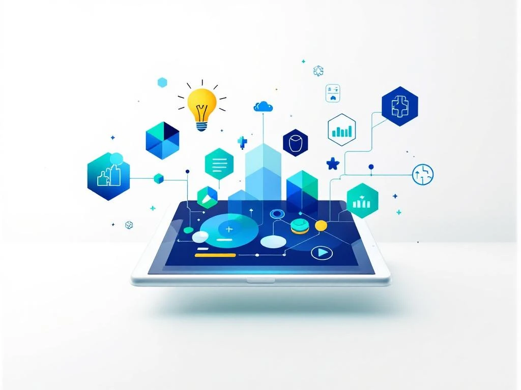 Tablet met educatieve game-elementen en leericon zoals gloeilampen en puzzelstukjes in blauw-groene tinten