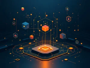 Geometrische game-elementen in symmetrische lagen met gloeïend netwerk van verbonden nodes in blauw en oranje tinten