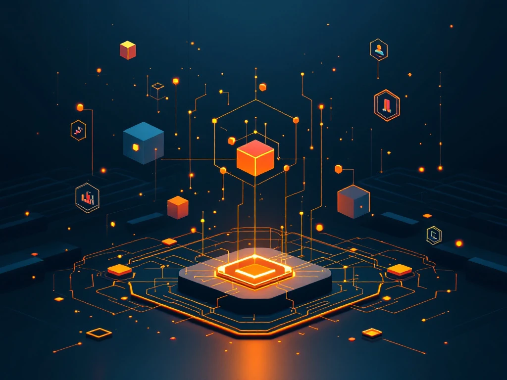 Geometrische game-elementen in symmetrische lagen met gloeïend netwerk van verbonden nodes in blauw en oranje tinten