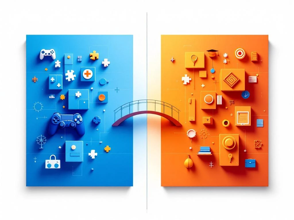 Gesplitst scherm met blauwe gaming-iconen links en oranje onderwijssymbolen rechts, verbonden door vloeiende lijnen