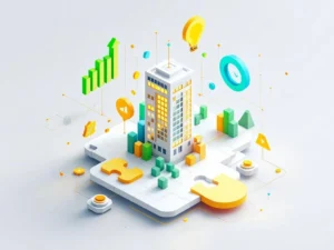 3D isometrische weergave van bedrijfstransformatie door gamification met grafieken, voortgangsringen en trofeeën op wit