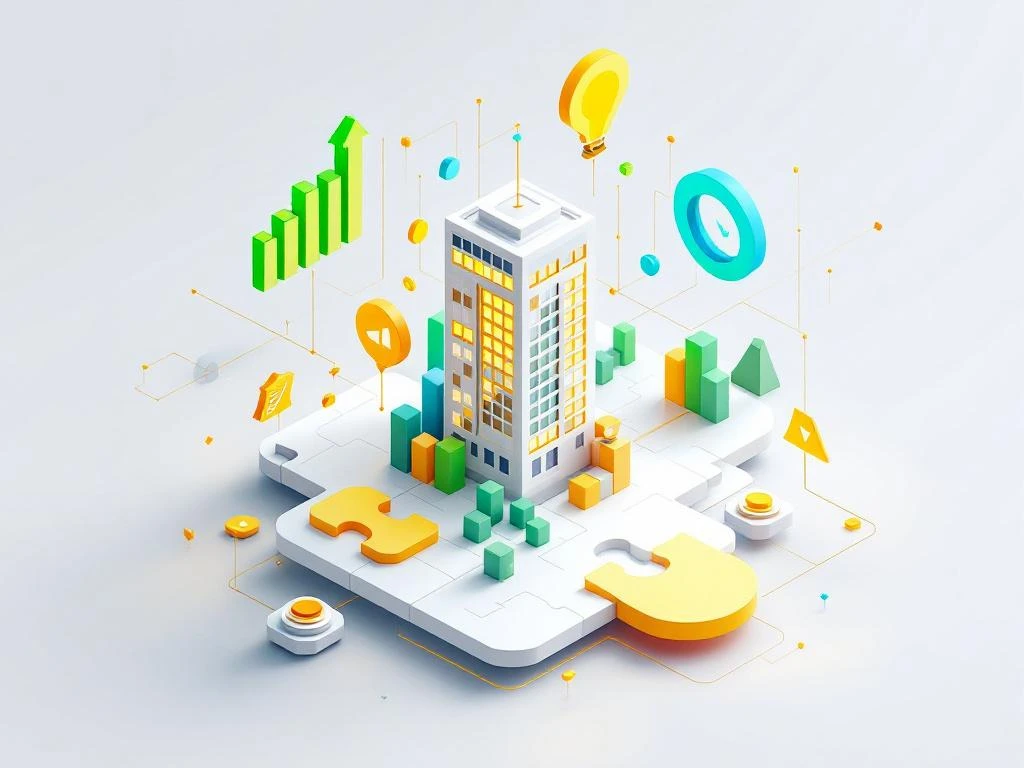 3D isometrische weergave van bedrijfstransformatie door gamification met grafieken, voortgangsringen en trofeeën op wit