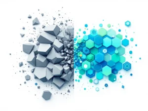 Geometrische vormen die transformatie van traditionele training naar gamification tonen: grijze hoeken vervallen, blauwe zeshoeken groeien