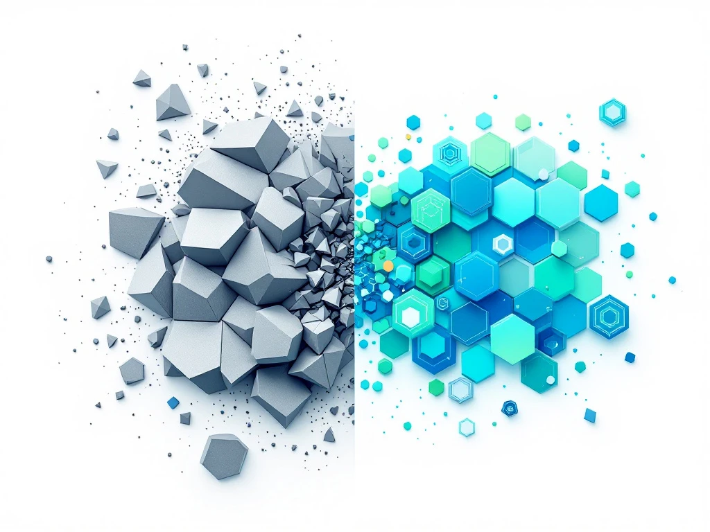 Geometrische vormen die transformatie van traditionele training naar gamification tonen: grijze hoeken vervallen, blauwe zeshoeken groeien