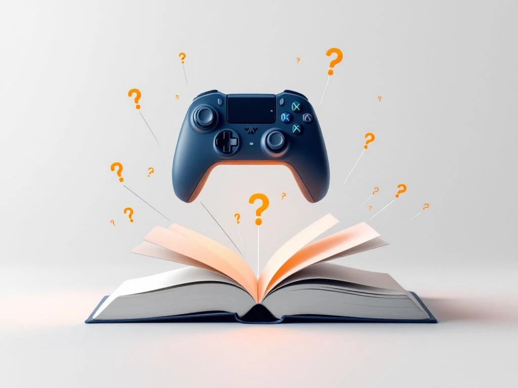 Spelcontroller zweeft boven open boek met vraagtekens, blauwe en oranje accenten op grijze achtergrond