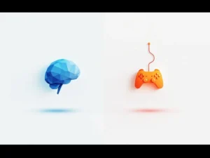 Hersenpictogram en gamecontroller verbonden door digitale lijnen, illustratie van gaming en mentale gezondheid