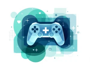 Transparante gamecontroller overlapt met medisch kruis in minimalistische compositie met blauwe en groene tinten