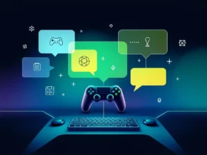 Minimalistische gaming interface met controllers, toetsenborden en symbolen in blauwe tot groene kleurverloop