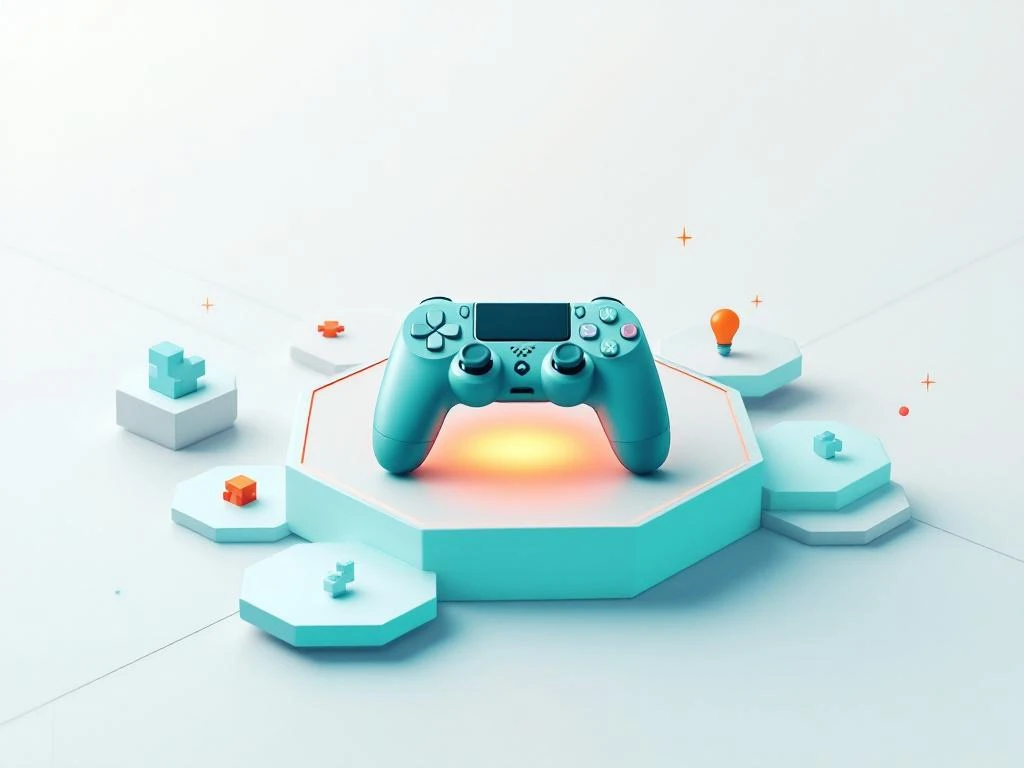 Spelcontroller zweeft boven geometrisch raster met educatieve pictogrammen in teal en oranje tinten op witte achtergrond