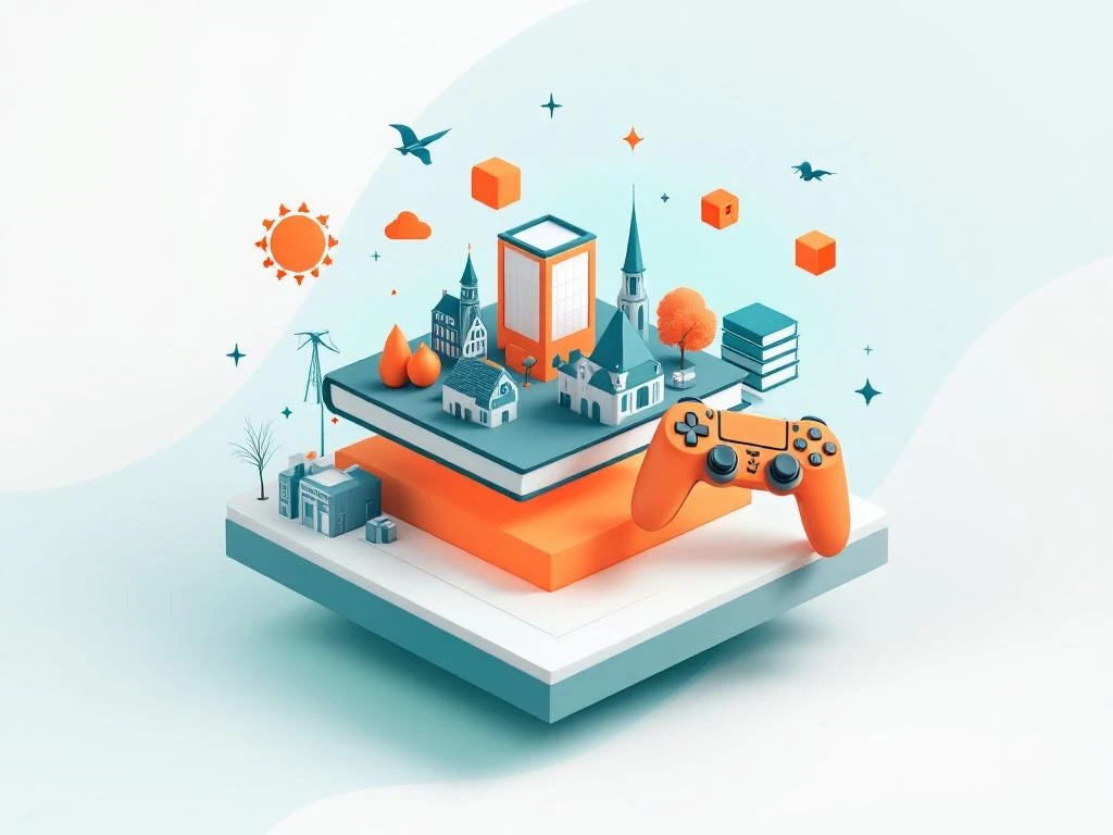 Geometrische gamecontroller silhouetten en educatieve iconen in minimalistische compositie met Nederlandse schoolgebouwen