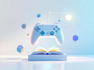 Geometrische game controller die transformeert naar open boek, omgeven door zeshoekige leermodules in blauw-groen design