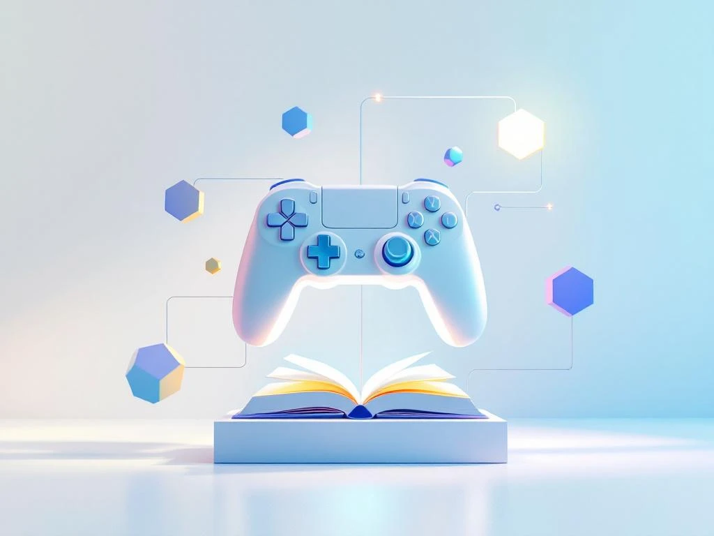 Geometrische game controller die transformeert naar open boek, omgeven door zeshoekige leermodules in blauw-groen design