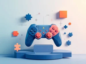 Minimalistische compositie met geometrische gamecontroller vormen en educatieve iconen op zachte gradiënt achtergrond.
