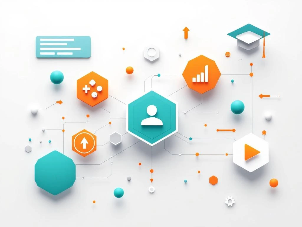 Minimalistische compositie met geometrische gaming controller elementen en educatieve symbolen in teal en oranje accenten