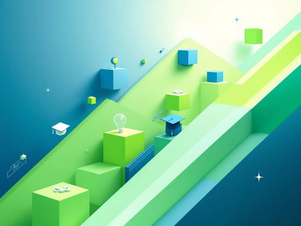 Abstracte geometrische gamecontroller-elementen en educatieve symbolen in blauw en groen op witte achtergrond