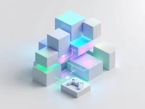 3D isometrische hersenvormige structuur van geometrische blokken met blauwe en groene verlichting en pijlen voor gedragsverandering