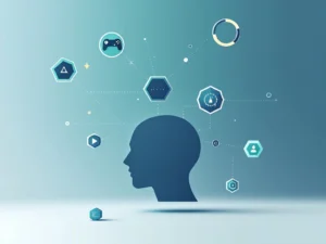 Geometrisch brein silhouet omgeven door game-elementen en neurale verbindingen op teal naar grijs verloop achtergrond