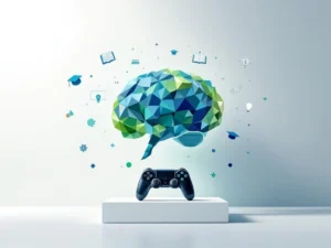 Geometrische hersenvorm van puzzelstukjes in blauw-groen met zwevende game-controllers en onderwijssymbolen