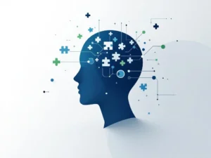 Gestileerde menselijke hoofd silhouet met puzzelstukjes en verbonden knooppunten in blauw en groen op witte achtergrond