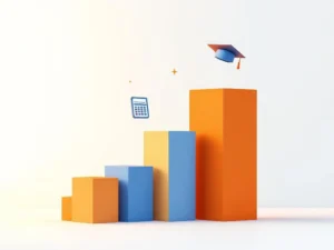 Geometrische blokken in blauw en oranje vormen opwaartse pijl met calculator en afstudeerhoed op witte achtergrond