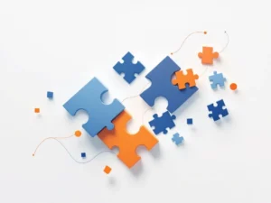 Blauwe en oranje puzzelstukjes drijven in witte ruimte met geometrische lijnen die onderwijsuitdagingen symboliseren