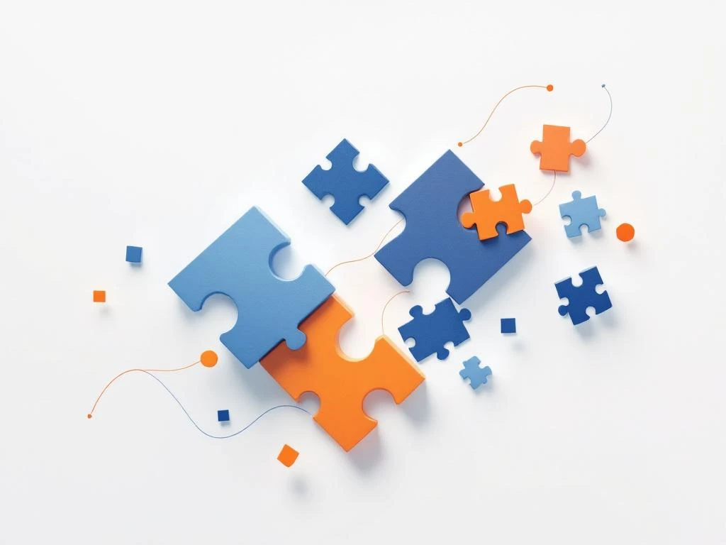 Blauwe en oranje puzzelstukjes drijven in witte ruimte met geometrische lijnen die onderwijsuitdagingen symboliseren