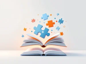 Geometrische puzzelstukken verbinden traditioneel onderwijs met digitale game-interfaces in blauw en oranje tinten