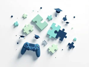 Geometrische puzzelstukjes in blauw en groen transformeren tot game controllers en onderwijssymbolen op witte achtergrond