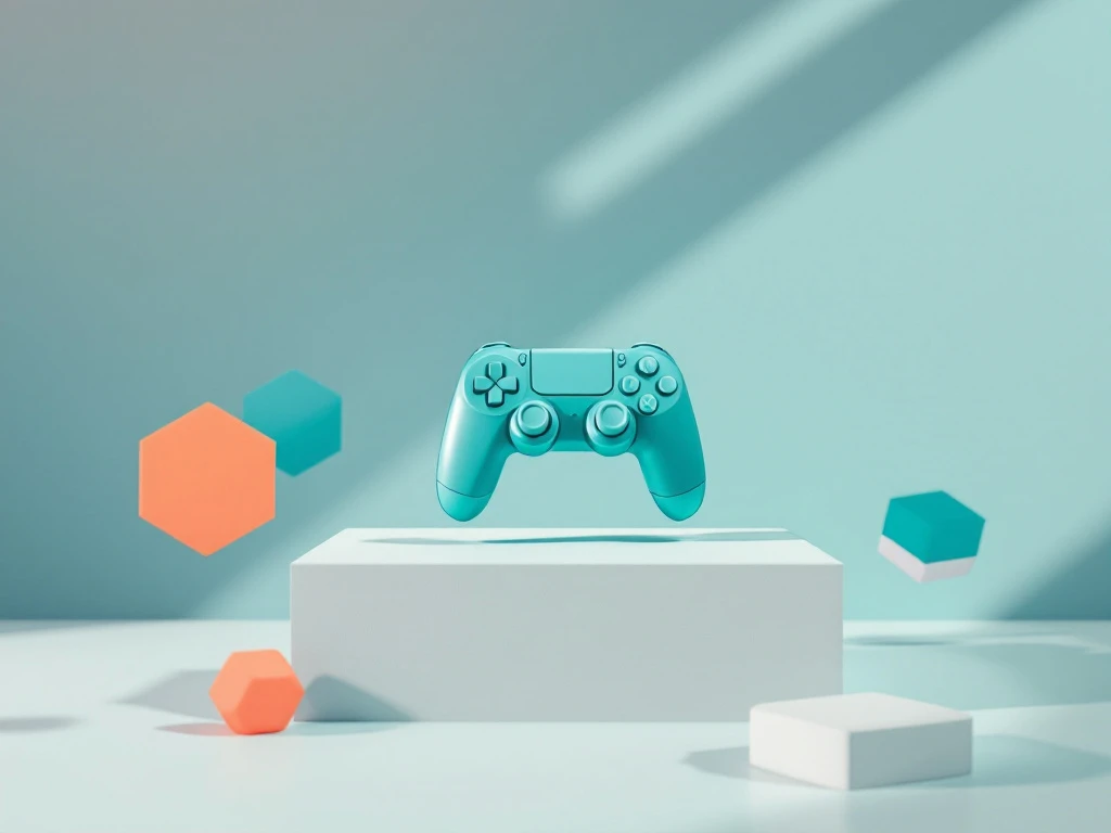 Teal geometrische gamecontroller zweeft boven hexagonale leermodules in oranje-blauw kleurverloop op witte achtergrond