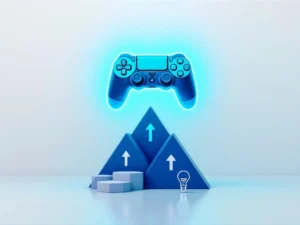 Gamecontroller zweeft boven geometrische onderwijselementen met gloeilamp-iconen en pijlen in blauw-groen tinten